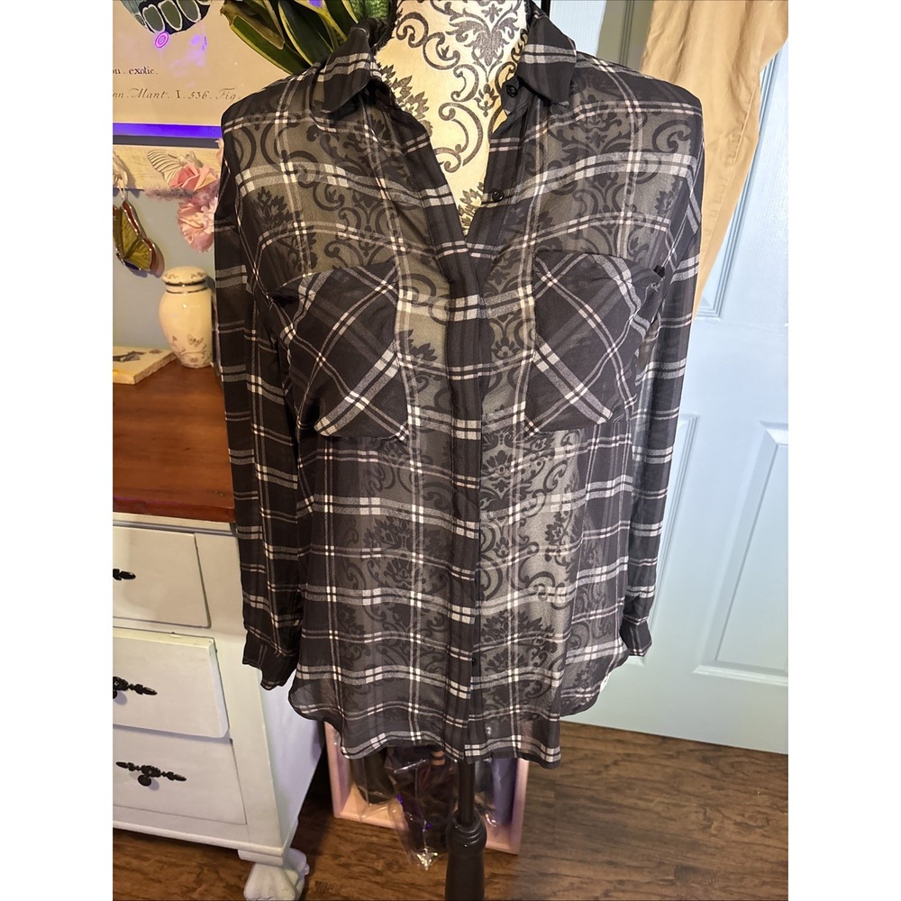PJK Patterson J Kincaid Silk Plaid Blouse XS.‎ Black & Light Pink. Sheer